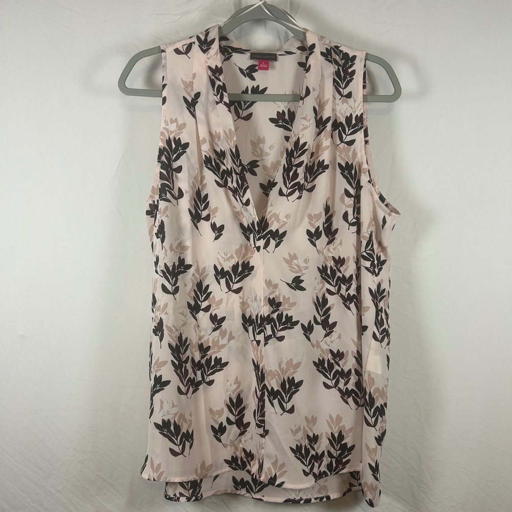Vince‎ Camuto Womens Pink Black Leaf Floral Sleeveless V-Neck Blouse Top Large